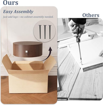 Round Nightstand Set of 2 with Single Drawer, Modern Bedside Table with Metal Legs for Bedroom, Leather Side Table, Small Accent End Table, Brown