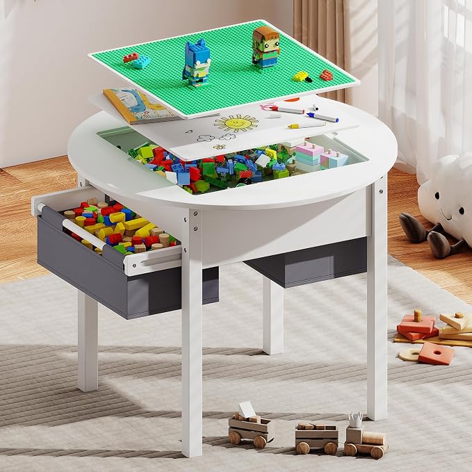 DOREROOM Kids Table with Storage, Wooden Kids Play Table with 2 Canvas Drawers, Round Toddler Activity Tables with Double Sided Desktop for Ages 3-8, Building Blocks, Toddler Desk for Bedroom/Nursery