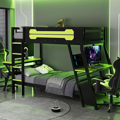 Merax Wooden Twin Over Twin Bunk Bed with 2 Side Desks, USB Desktop Ports and Pegboard Organizer, Gaming Bunk Bed for Gamer, Kids or Teens, No Box Spring Needed, Green