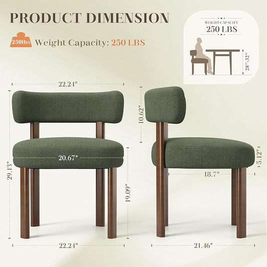 Wooden Dining Chairs Set of 2, Upholstered Kitchen Chairs with Solid Wood Legs, Mid Century Dining Room Chair with Ergonomic Curved Backrest for Kitchen Dining Vanity, Green