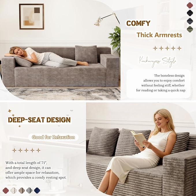 Kurhwyss 71" Corduroy Living Room Sofa, 3 Setaser Deep Seat Couch with 3 Lumbar Pillows, Comfy Boneless Sofa Modern Compressed Couch for Bedroom, Office, Apartment, No Assembly, Flat Armrests (Camel)
