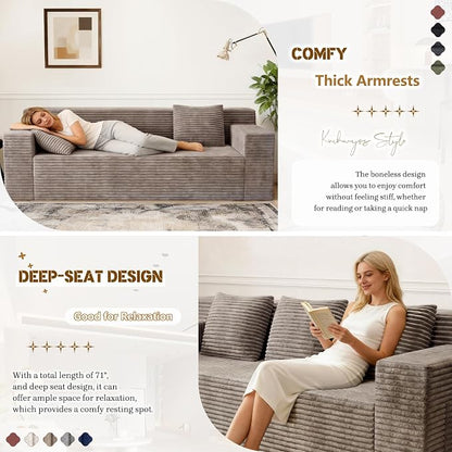 Kurhwyss 71" Corduroy Living Room Sofa, 3 Setaser Deep Seat Couch with 3 Lumbar Pillows, Comfy Boneless Sofa Modern Compressed Couch for Bedroom, Office, Apartment, No Assembly, Flat Armrests (Camel)