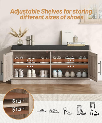 Akxomel Fluted Shoe Storage Bench with Cushion, 39.4" Entryway Bench with Adjustable Shelves and 2 Doors, Shoe Cabinet Bench with Curved Profile, for Hallway, Living Room, Bedroom, Greige
