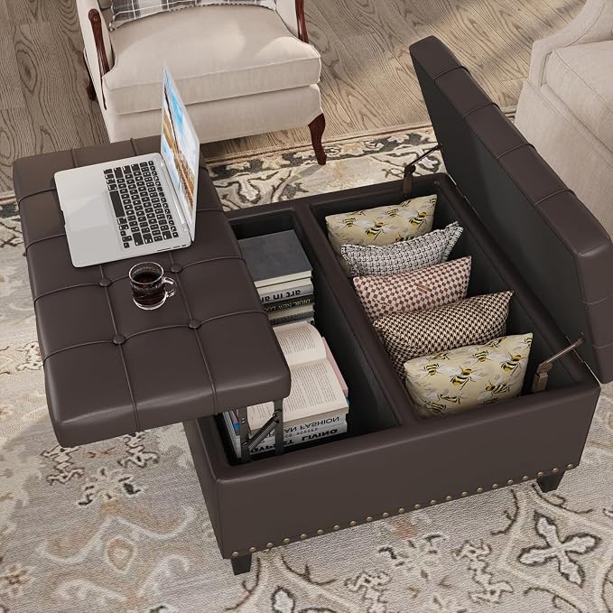 FiveWillowise Square Leather Ottoman with Storage, Faux Leather Coffee Table with Lift Top,Large Upholstered Footrest Stool Toy Box Storage Bench for Bedroom Living Room, Chocolate
