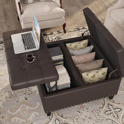FiveWillowise Square Leather Ottoman with Storage, Faux Leather Coffee Table with Lift Top,Large Upholstered Footrest Stool Toy Box Storage Bench for Bedroom Living Room, Chocolate
