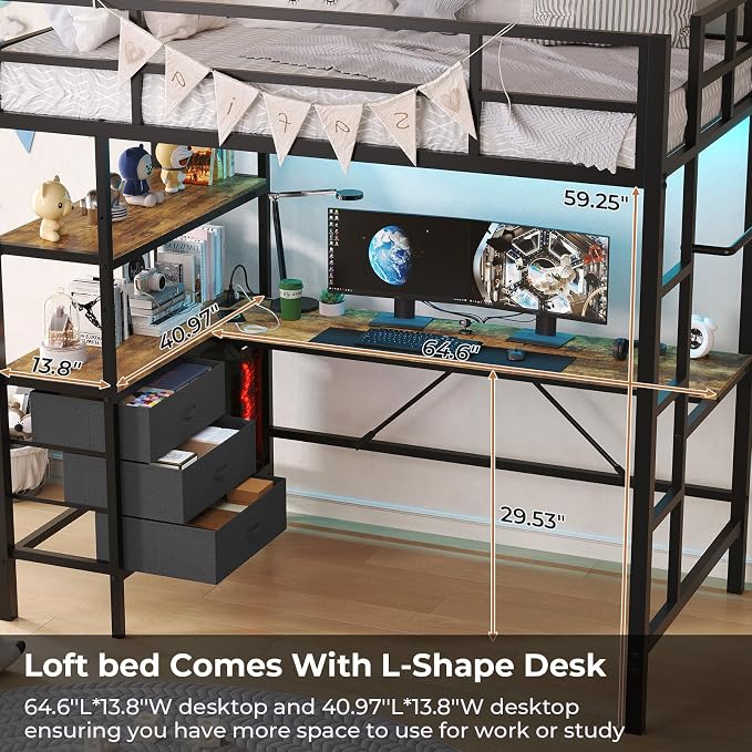DICTAC Twin Loft Bed with L-Shaped Desk, LED Lights,Charging Station LED Metal Kids Loft Bed Twin Size with 3 Storage Shelves and 3 Fabric Drawers, Safety Guard & Ladder,No Box Spring Needed, Black
