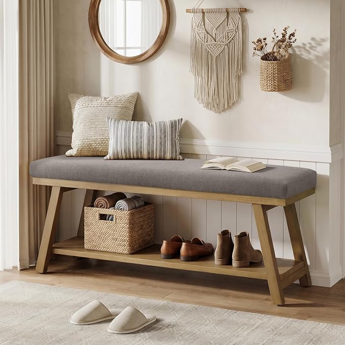 Zihanhome 45" Entryway Bench Upholstered Storage Bench for Bedroom Shoe Rack Bench for Living Room, Hallway, Mudroom, Balcony, Sturdy Indoor Bench Seat Holds Up to 300 lbs (Grey)