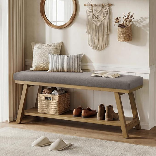 Zihanhome 45" Entryway Bench Upholstered Storage Bench for Bedroom Shoe Rack Bench for Living Room, Hallway, Mudroom, Balcony, Sturdy Indoor Bench Seat Holds Up to 300 lbs (Grey)