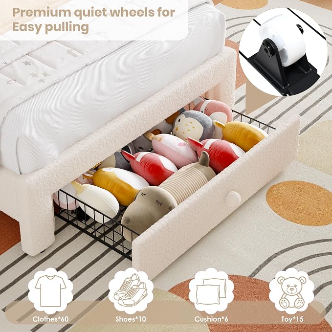 GarveeHome Twin Upholstered LED Bed Frame - with Storage Drawer and Rainbow Headboard, Berber Fleece Princess Platform Bed for Kids, Solid Wood Slat Support, No Box Spring Needed, Easy Assembly, Beige
