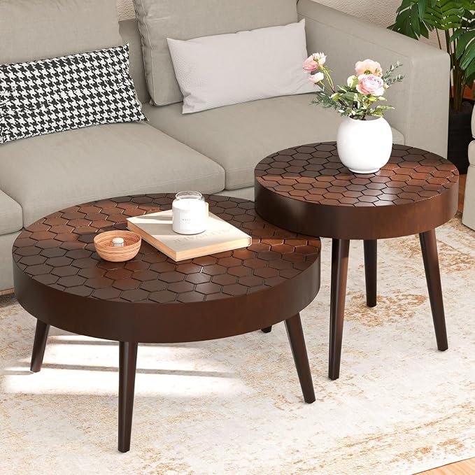 SUNBURY Coffee Table Set, Morden Round Coffee Table Set of 2, 18" Farmhouse Living Room Nesting Tables, Livingroom Table Set