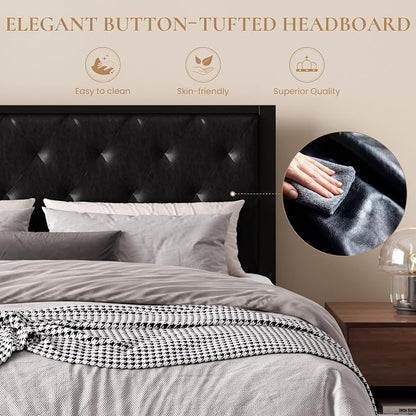 SHA CERLIN Queen Size Metal Bed Frame with PU Tufted Headboard, Black | Modern Design Heavy-Duty Platform Bed, No Box Spring Need, PU Leather Upholstery, Noise Free, Easy Assembly