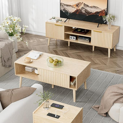 LCRBOL Coffee Table with Fluted Sliding Door, Modern, Natural | 39.3"L x 19.7"W x 17.1"H, double-sided sliding door & open shelf (7.5" clearance), golden knob, 5 tapered legs