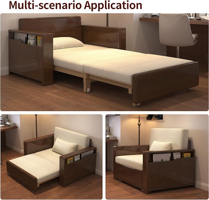 48" 3-in-1 Storage Sleeper Sofa Bed, Walnut Finish Solid Wood Frame | Solid wood sofa for living rooms, apartments & offices — single-size, it works as a guest bed to maximize small space.