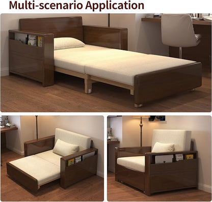 48" 3-in-1 Storage Sleeper Sofa Bed, Walnut Finish Solid Wood Frame | Solid wood sofa for living rooms, apartments & offices — single-size, it works as a guest bed to maximize small space.