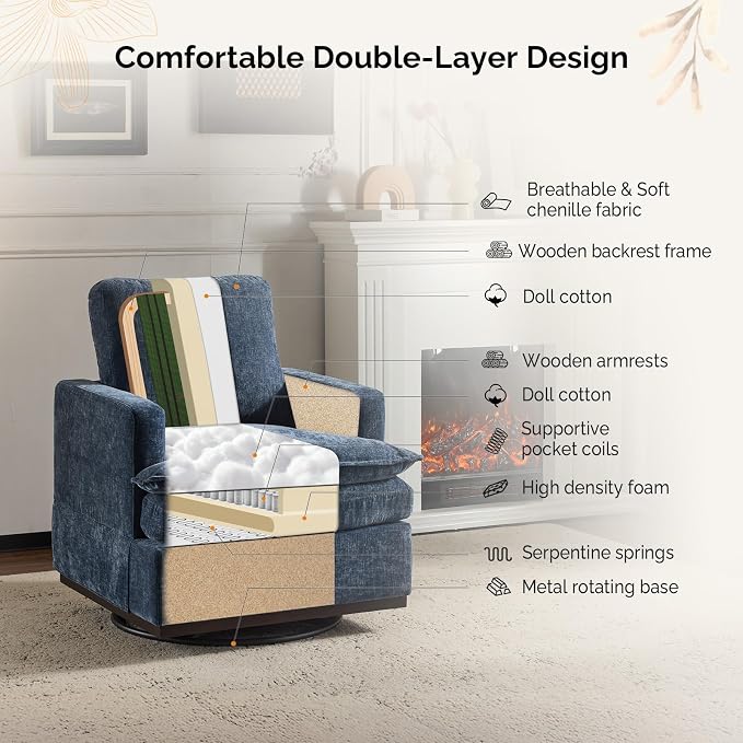 VINGLI 360°Swivel Mid-Century Modern Accent Armchairs Set of 2 with Double-Layer Seat Cushions, Comfy Single Square Sofa, Upholstered Club Chairs for Living Room,Bedroom, Reading Room, Chenille Blue