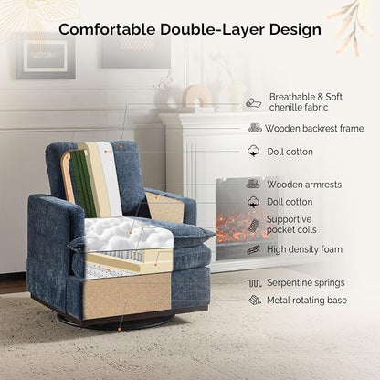 VINGLI 360° Swivel Mid-Century Modern Accent Armchair with Double-Layer Seat Cushions, Comfy Single Square Sofa, Upholstered Club Chair for Living Room,Bedroom, Reading Room, Chenille Blue