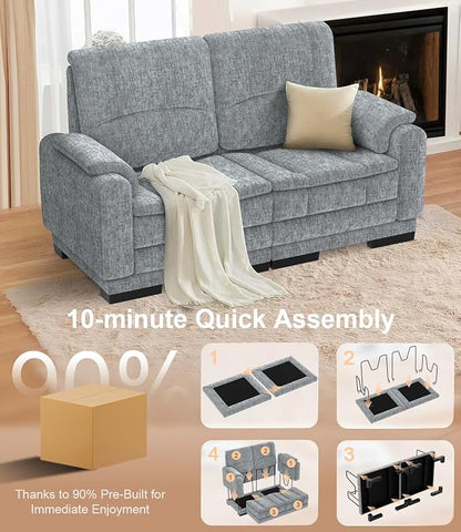 Yolsali Boneless Loveseat Sofa, High-Density Cloud-Like Double Cushion Floor Sofa Couch, Chenille Small Boneless Couch for Living Room, 850 lb Support, Raised Backrest, Ergonomic, Easy Assembly, Grey