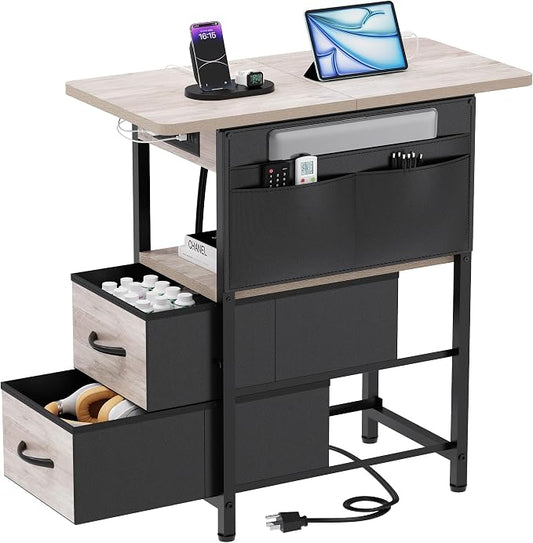 Yenlure Small Side Table with Charging Station, Narrow Nightstand Bedside Tables with Storage Pocket for Living Room Bedroom, Sofa End Table with USB Ports and Power Outlets for Small Spaces, Greige