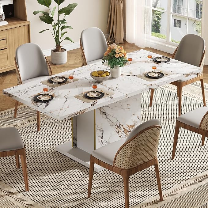 HOMISSUE 70" Faux Marble Dinner Table，Rectangle Modern White Dining Table for 6-8 People，Large Kitchen Furniture Table with Sturdy Base for Dining Room, Living Room, White