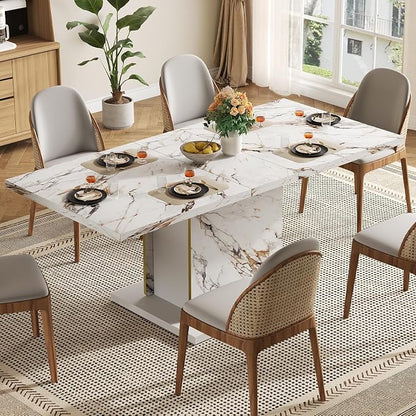 HOMISSUE 70" Faux Marble Dinner Table，Rectangle Modern White Dining Table for 6-8 People，Large Kitchen Furniture Table with Sturdy Base for Dining Room, Living Room, White