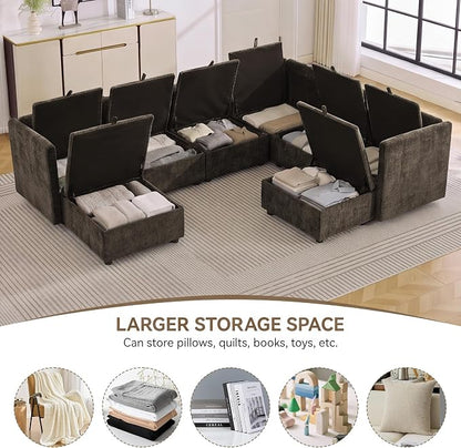 105" Brown Modular Storage Sofa, U Shaped Chenille Couch with 2 Ottomans | Oversized Convertible Sectional Sofa, 6-Seat Sectional Couch With 2 Ottomans, Large Cloud Couch For Living Room, Apartment.