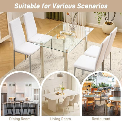 Karl home White Dining Chairs Set of 4, PU Leather & High Back | Kitchen chairs with padded seats & foot cap protection for dining kitchen living room,300lbs capacity,space-saving