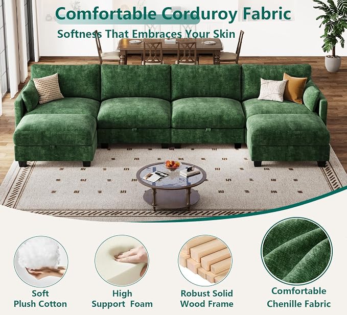 Modular Sectional U Shaped Sofa Couches for Living Room, Cloud Couch with Storage Ottoman, Comfy Chenille Sofa with Pillow, Green