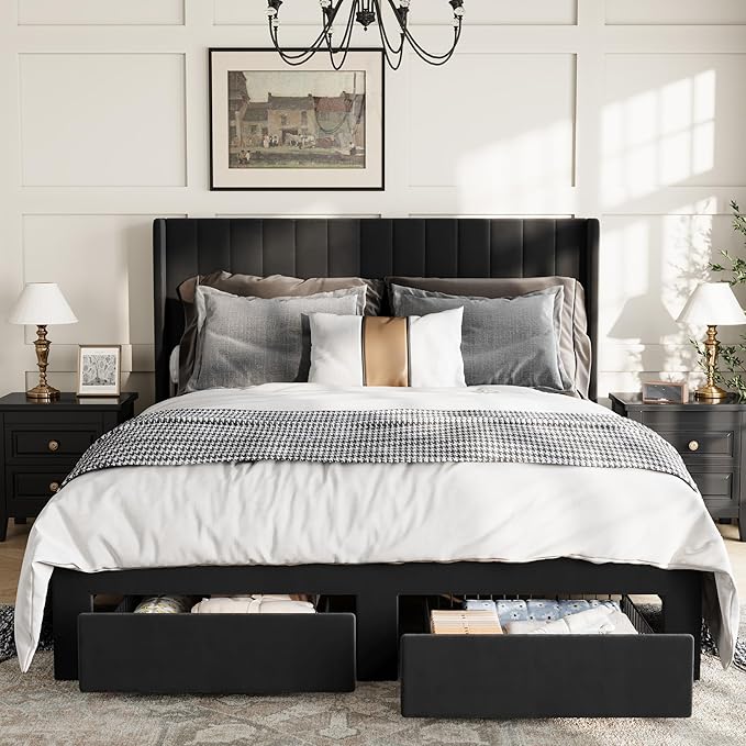 GAOMON Full Size Upholstered Platform Bed Frame with 2 Under-Bed Storage Drawers, Velvet Wingback Headboard, No Box Spring Needed, Sturdy & Noise-Free, Black