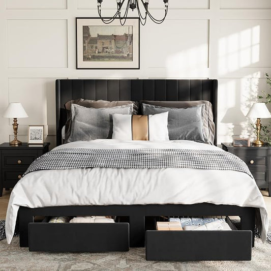 GAOMON Queen Size Upholstered Platform Bed Frame with 2 Under-Bed Storage Drawers, Velvet Wingback Headboard, No Box Spring Needed, Sturdy & Noise-Free,