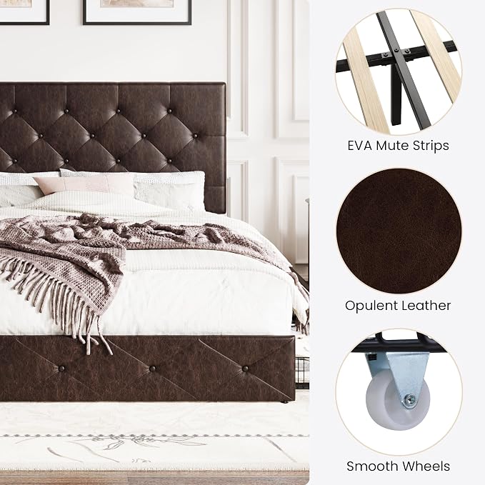 SHA CERLIN Upholstered Full Size Platform Bed Frame with 4 Storage Drawers, Adjustable Headboard with Diamond Stitched Button Tufted Design, Wooden Slat Support, No Box Spring Needed, Black Brown