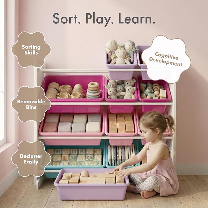 Humble Crew Toy Storage Organizer with 12 Removable Storage Bins for Kids Playroom, 4-Tier Toddler Toy Organization, White/Pink/Purple/Turquoise