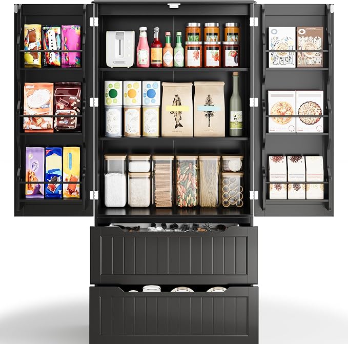 Gizoon Kitchen Storage Cabinets with Drawers Freestanding Kitchen Pantry with Doors and Shelves, 63" Food Pantry Cabinet for Dining Room Craft Room, Black, Painted