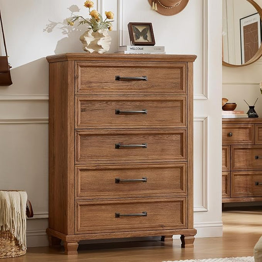 SAVOR LIFE Farmhouse 5 Drawer Dresser for Bedroom, 45” Tall Dressers & Chests of Drawers with Thickened Tabletop & Square Table Legs, Brown