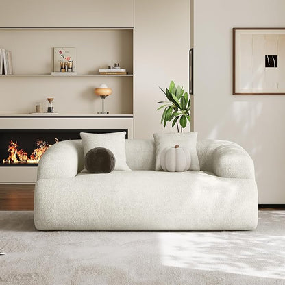 Half Moon Curved Sectional Sofa with 2 Throw Pillows, Modern Style 2-Seater Chenille Leisure Couch with Curved Backrest, Easy Assembly, for Apartment, Living Room, Bedroom, Cream White（76 inch）