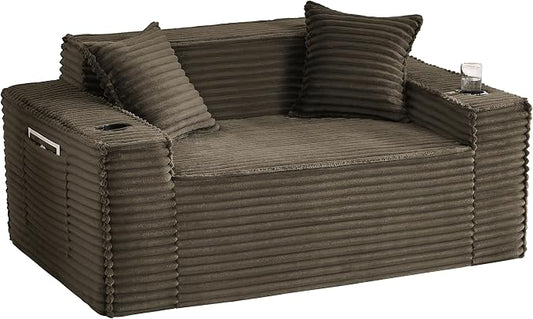 61" Boneless Sofa Couches with Cup Holder,2 Seat Loveseat Sofas with Side Pocket for Compact Living Rooms, Apartments (Brown, Loveseat Sofa)