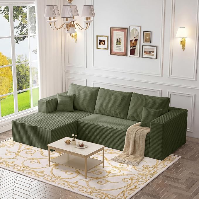108" Modular Sectional Sofa,L-Shaped Cloud Couch with Deep Seats & Chaise,Convertible 4-in-1 Corduroy Boneless Couches for Living Room,Bedroom,No-Assembly,Green(Left Facing Chaise)