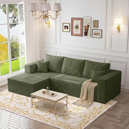108" Modular Sectional Sofa,L-Shaped Cloud Couch with Deep Seats & Chaise,Convertible 4-in-1 Corduroy Boneless Couches for Living Room,Bedroom,No-Assembly,Green(Left Facing Chaise)