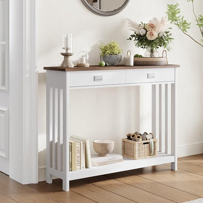 ChooChoo 39" Farmhouse Entryway Table with Drawer, Narrow Console Table with Storage Shelf, Sofa Table for Living Room, Entryway, and Hallway, White and Brown