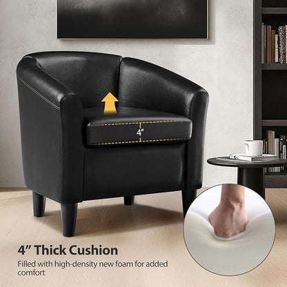 Topeakmart Faux Leather Club Chair, Modern Accent Chair and Cozy Barrel Armchair with Sturdy Legs for Living Room Bedroom Reception Room, Black