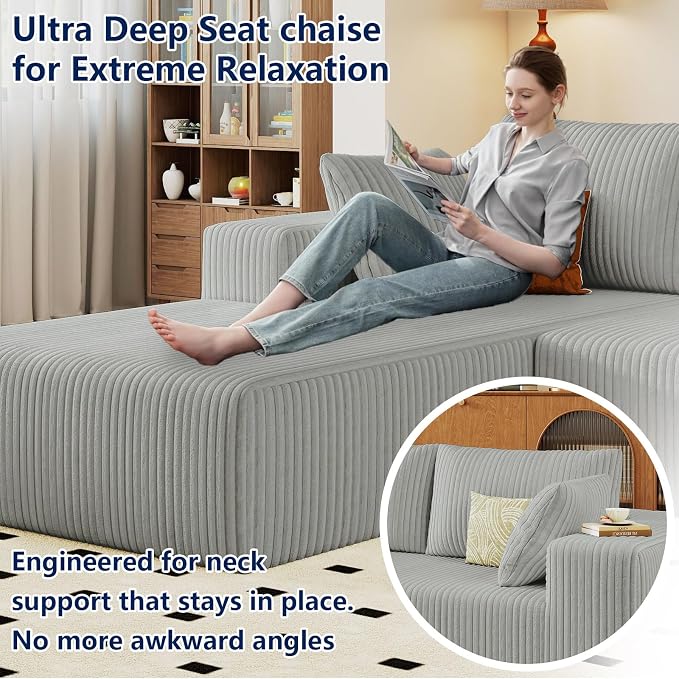 96" Modular Sectional Sofa, Modern Corduroy Cloud Couch with Deep Seat, Boneless Couch Upholstered 3-Seater L-Shaped Sofa for Living Room, No Assembly Required (Light Grey, Left-Facing Chaise)