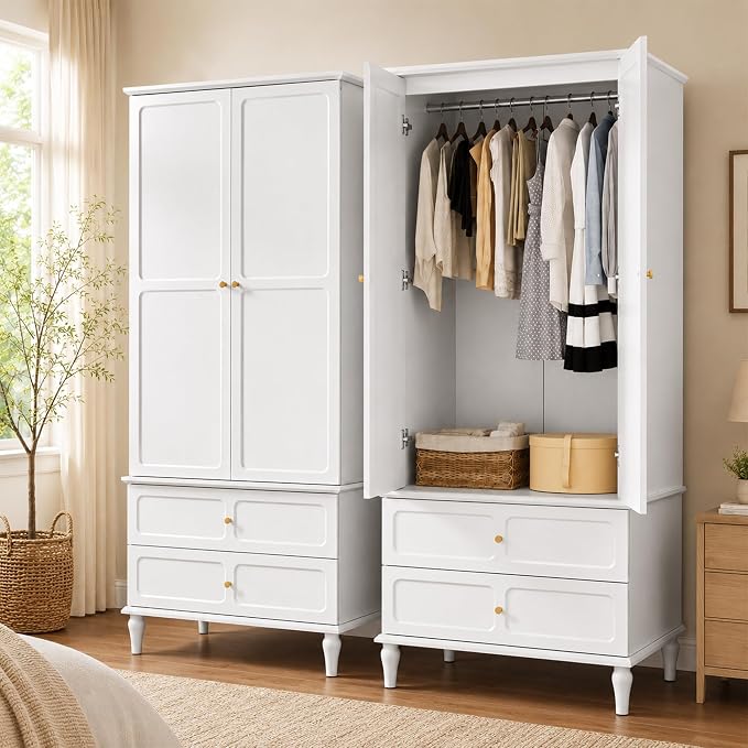 HLR 71" Mid-Century Modern Armoire Wardrobe Closet with Doors and Drawers,Wooden Armoire Storage Cabinet with Hanging Rod for Bedroom,Large Capacity Storage,White