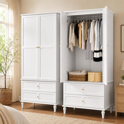 HLR 71" Mid-Century Modern Armoire Wardrobe Closet with Doors and Drawers,Wooden Armoire Storage Cabinet with Hanging Rod for Bedroom,Large Capacity Storage,White