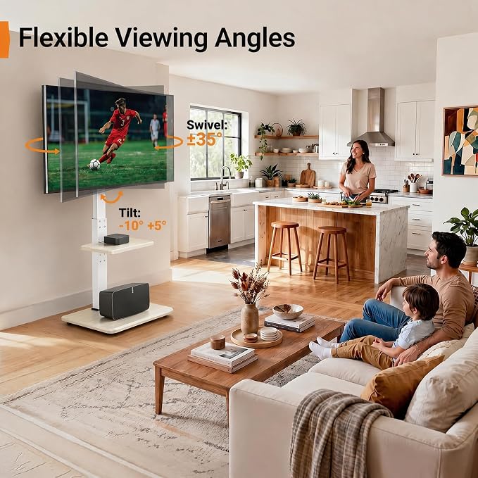 Perlegear Floor TV Stand with Power Outlet, Universal TV Stand for 32-75 inch TVs up to 110 lbs, Tall TV Mount for Bedroom with Shelf, Wood Base, Height Adjustable, Max VESA 600x400mm, White, PGFS06W