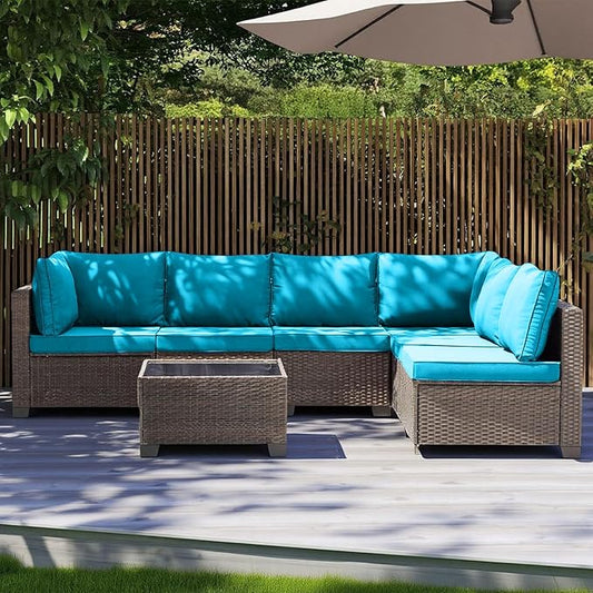 MOCHITO 7 Pieces Outdoor Patio Furniture Sets, All-Weather Sectional Sofa Dark Brown PE Rattan Wicker Conversation Set with Glass Table and Washable Turkish Cushions for Backyard,Sunroom,Garden,Porch