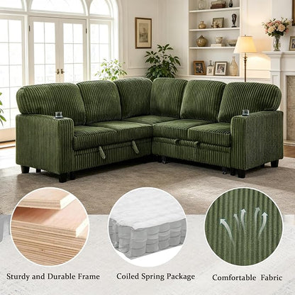 Sectional Sleeper Sofa with Pull Out Bed, Plush Corduroy L-Shaped Couch with Storage, USB Ports, Cup Holders, Comfy Sectional Couches for Living Room, Apartment, Green