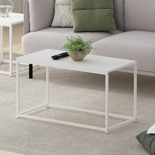 Furinno CAMNUS Coffee Table, Metal Frame Modern Center Table, Rectangular Side Table, Toolless Assembly, for Living Room, Bedroom, Home Office, Solid White