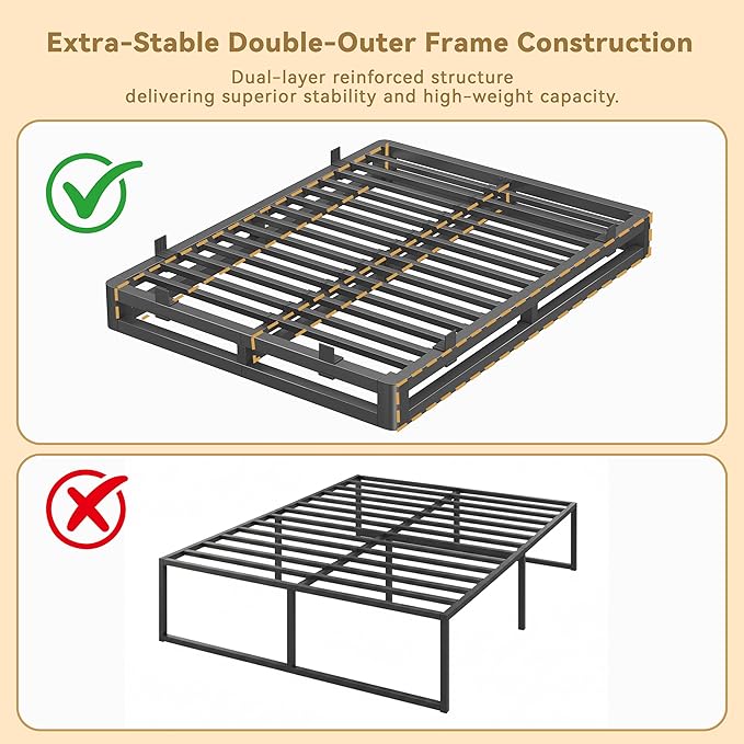 6 Inch Full Size Bed Frame with Rounded Corner and Squeak Free U-Slot Design, Metal Platform Bed Frames 6 Non-Slip Guards, 3500lbs Heavy Duty Steel Slat Support, No Box Spring Needed, Black
