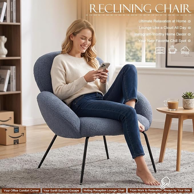 Small Accent Chair Set of 2,Sherpa Chair with Love Back, Boucle Chairs with Metal Legs, Comfy Modern Reading Chairs/Sherpa Accent Chair with Thick High-Elastic Sponge/Cream Style Room (Blue)