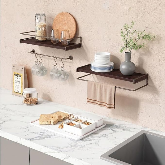 Forbena Dark Brown Kitchen Shelves Wall Mounted Set of 2, Walnut Brown Floating Kitchen Wall Shelves with Rail, Hanging Shelves for Kitchen Wall Coffee Bar (Wooden Pine Wood)