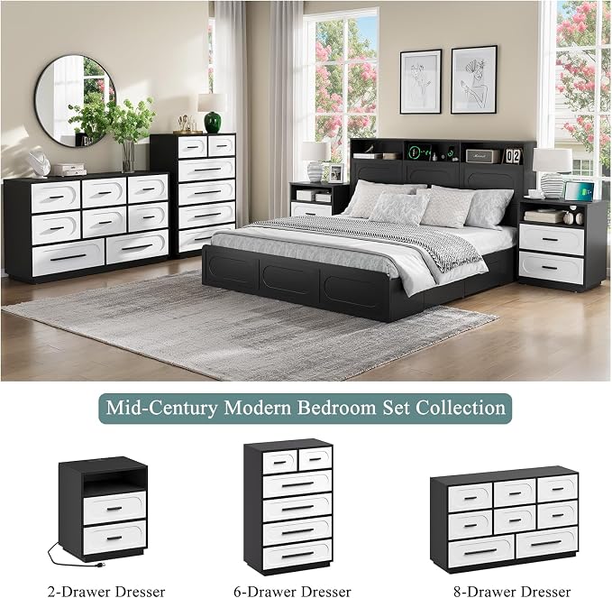 White Dresser for Bedroom, Modern 6 Drawer Dresser with Solid Wood Handle, Wood Chest of Drawers, 44" Tall Bedroom Storage Cabinet, Closet Organizer for Living Room, Hallway
